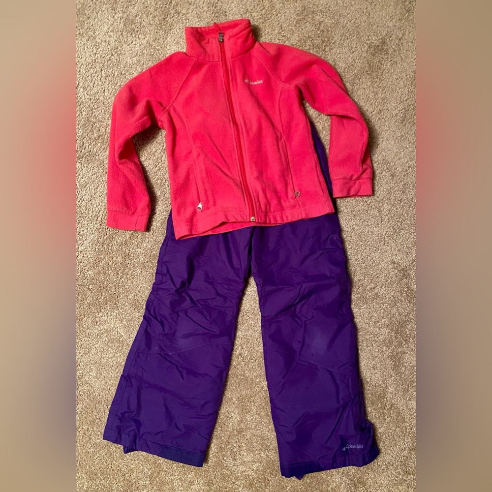 Columbia Vibrant Pink Fleece Jacket and Deep Purple Snowpants